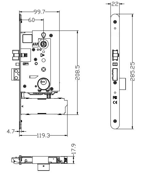 ANSI mortise lock case m3p 60mm backset with batteries case